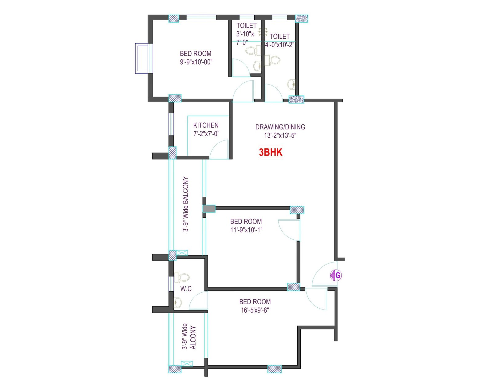 Typical Floor Plan – 3BHK Residential Unit Overview (Flat–G, 1st Floor)