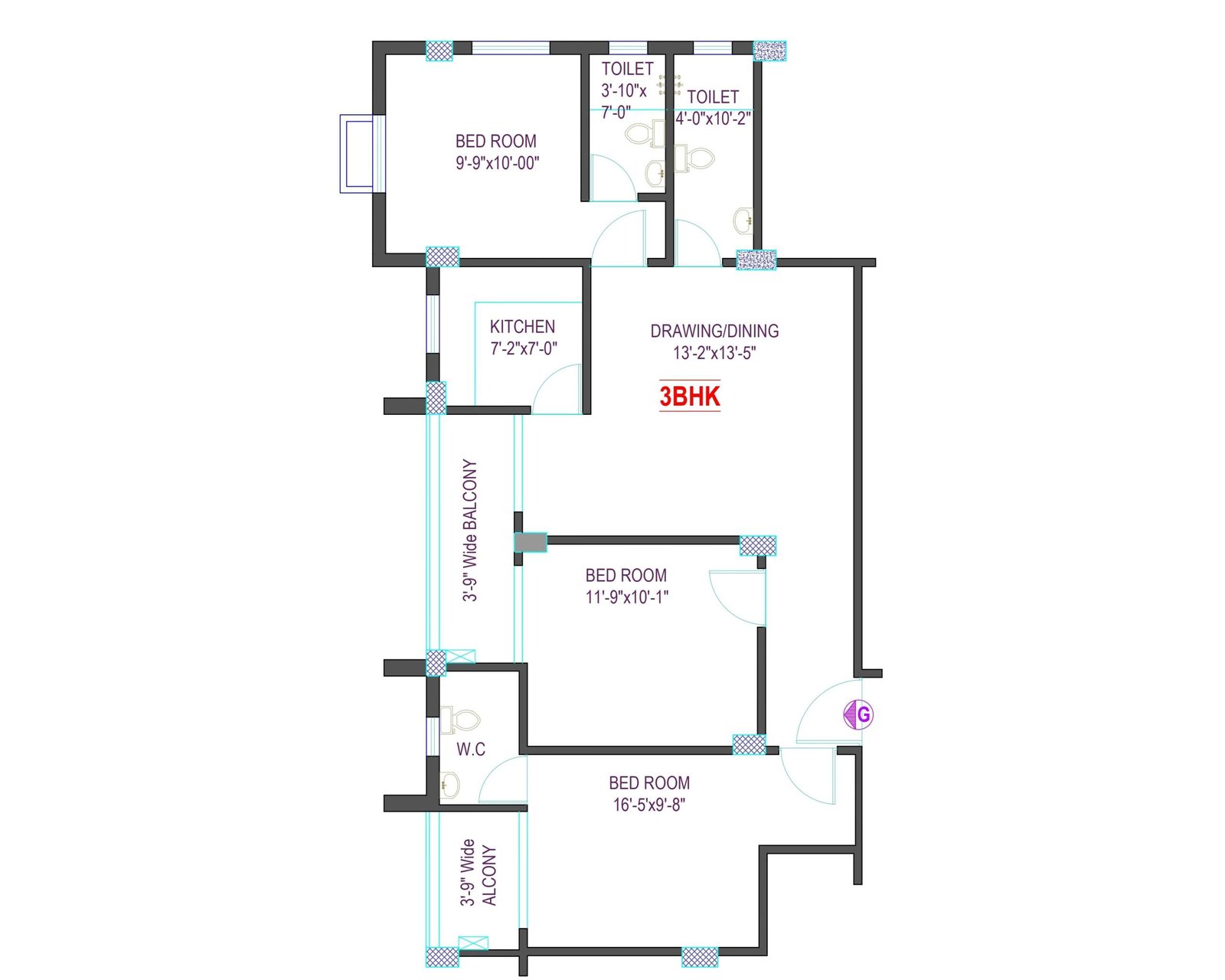 Typical Floor Plan – 3BHK Residential Unit Overview (Flat–G, 3rd Floor)