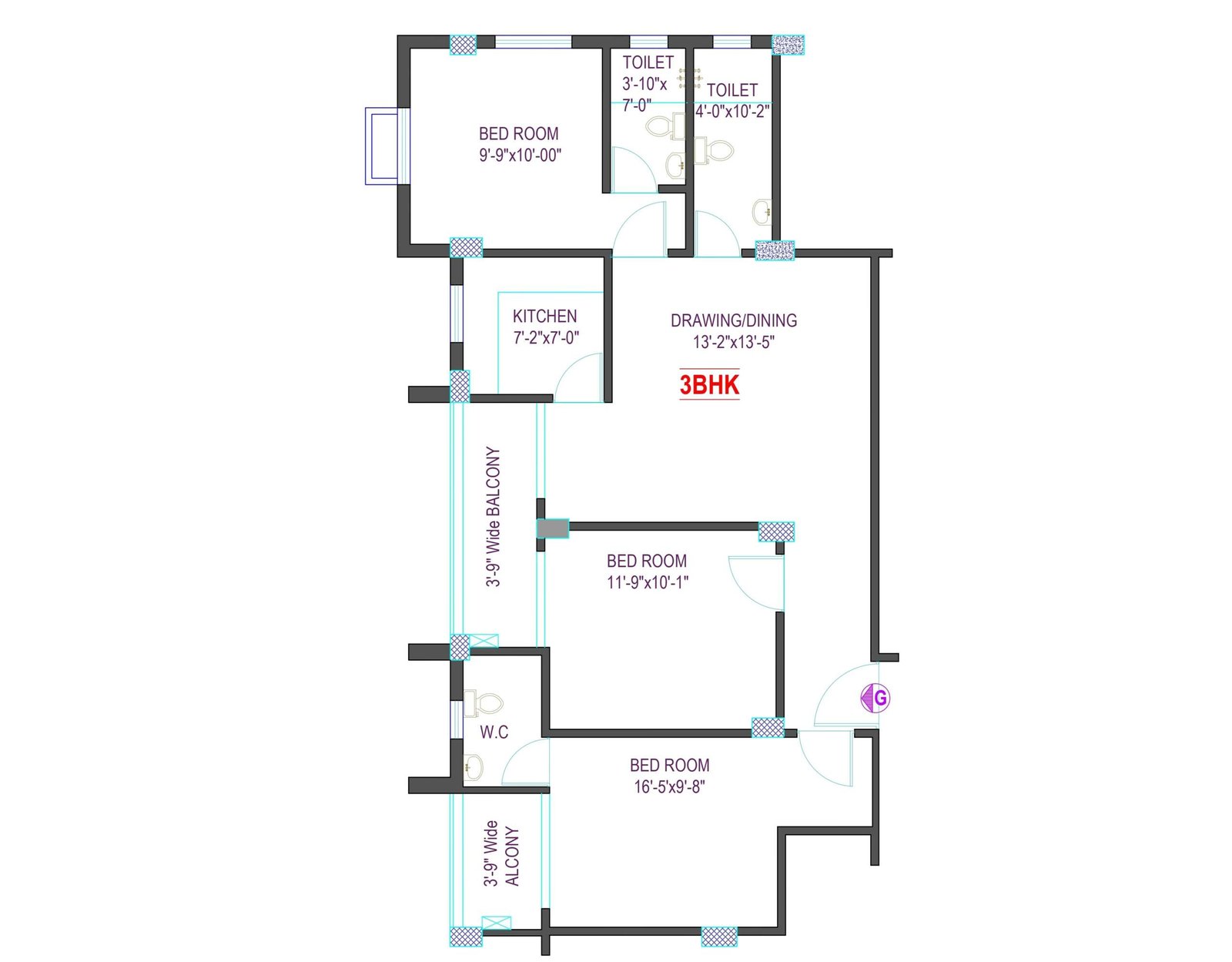 Typical Floor Plan – 3BHK Residential Unit Overview (Flat–G, 4th Floor)